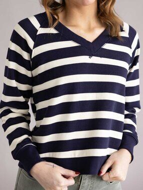 C&C California Delilah Striped V-Neck Pullover for Women in Navy/Off-White